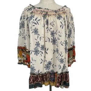 JOHN MARK Bohemian Floral Smocked Off Shoulder Blouse Womens Med Cottagecore Lux